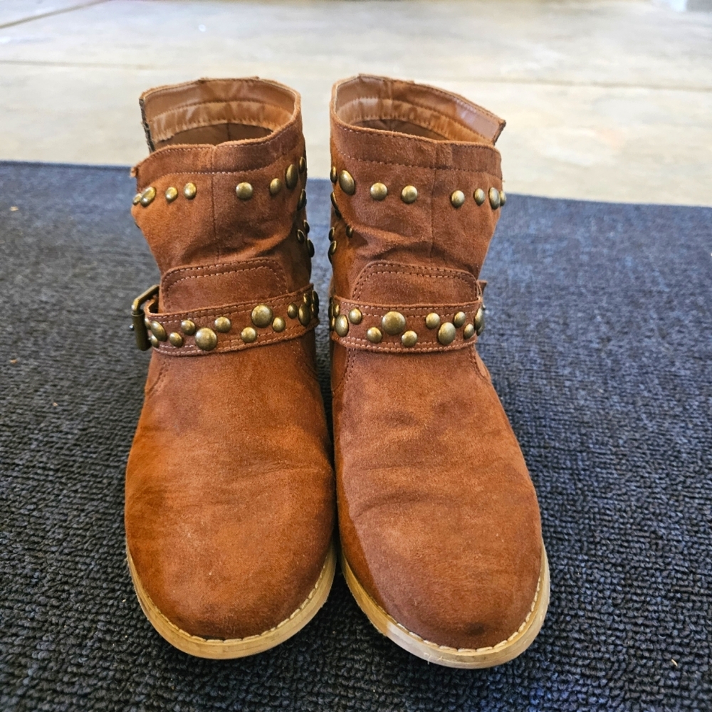 Brown Suede Ankle Boots with Studded Straps